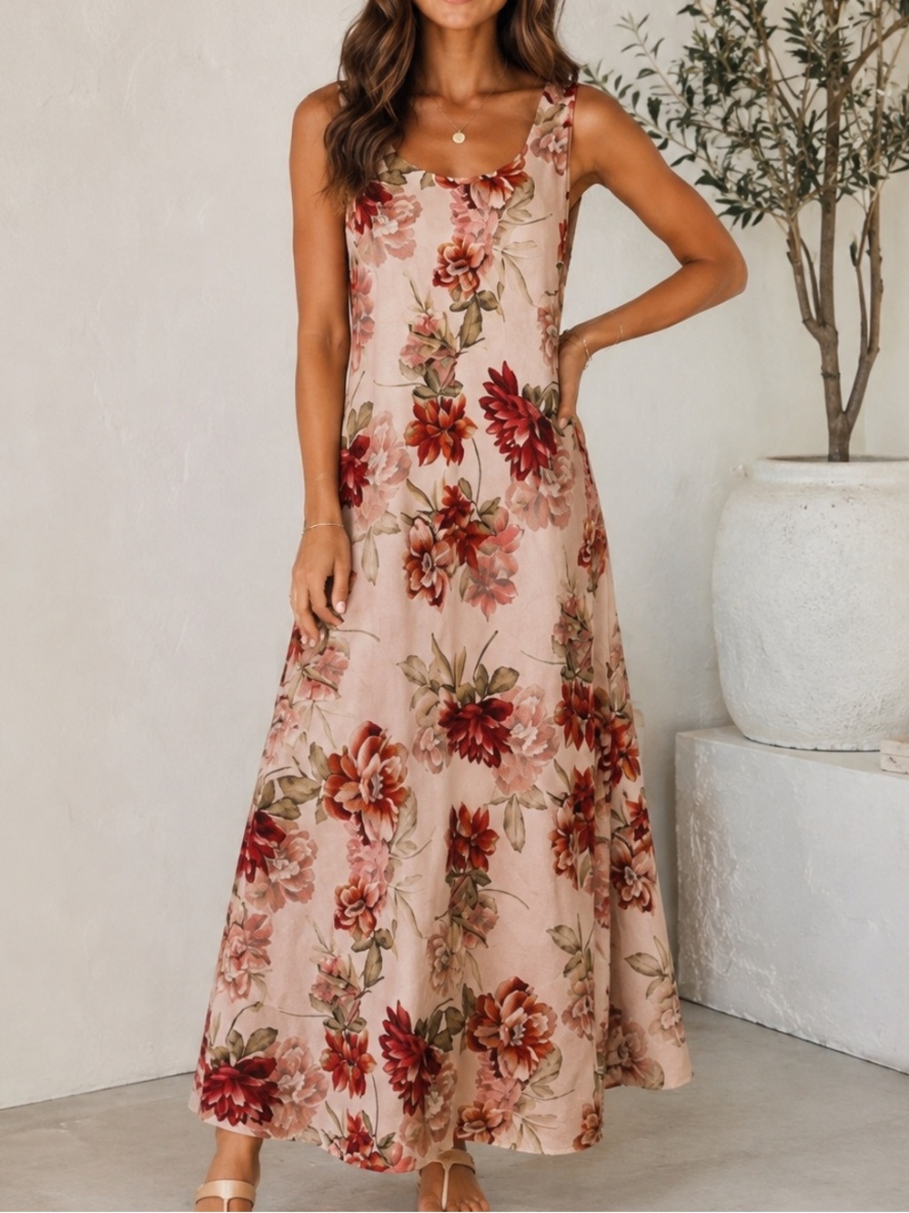 Paper Heart Blush Pink Floral Linen Blend Open Back Midi Dress Size M